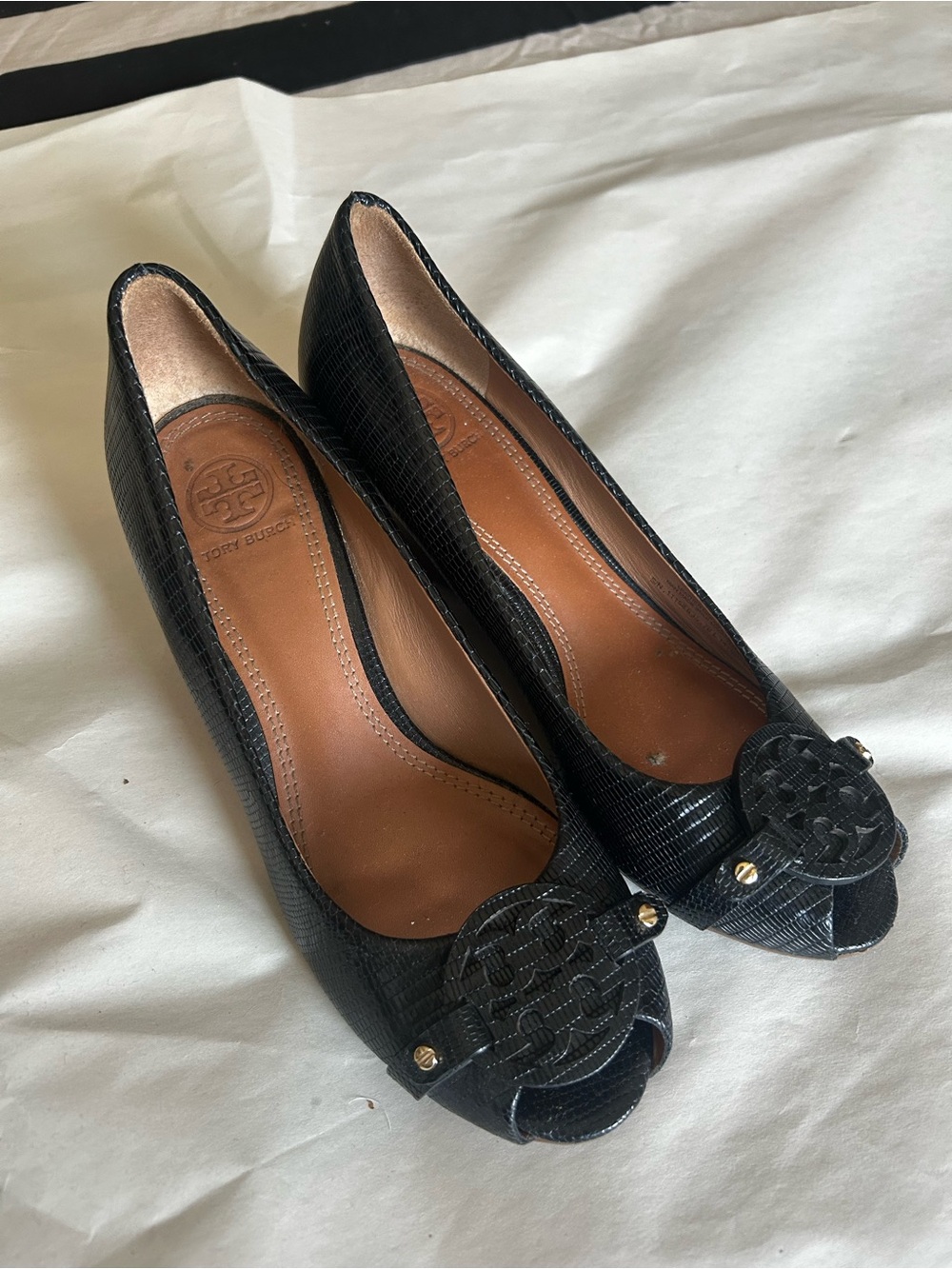 Tory Burch Black Peep-Toe Heels with Logo Medallion